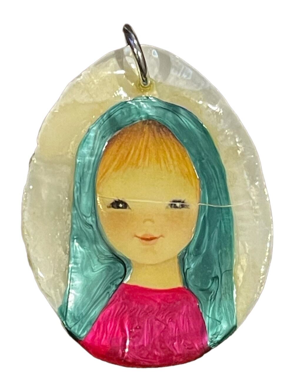 Antique Necklace Pendant Painted Shell Girl Portrait Handmade Silver Chain